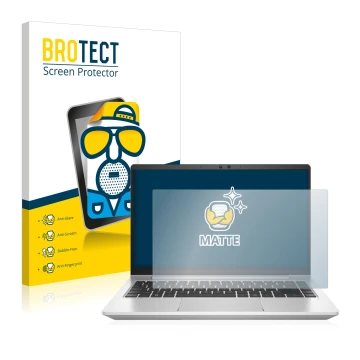 Parte frontal de un envase de producto con el logotipo de la marca BROTECT. Al lado se muestra el dispositivo HP ProBook 445 G