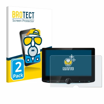 Parte frontal de un envase de producto con el logotipo de la marca BROTECT. Al lado se muestra el dispositivo Kenwood DNR992RV