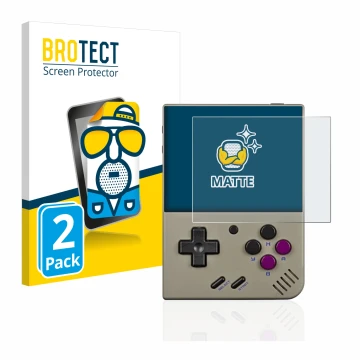 Parte frontal de un envase de producto con el logotipo de la marca BROTECT. Al lado se muestra el dispositivo Miyoo Mini Plus 