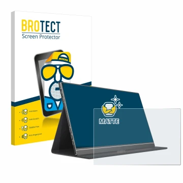 Parte frontal de un envase de producto con el logotipo de la marca BROTECT. Al lado se muestra el dispositivo Arzopa S1 Table 