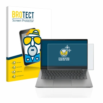 Parte frontal de un envase de producto con el logotipo de la marca BROTECT. Al lado se muestra el dispositivo Lenovo ThinkBook