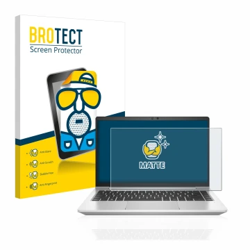 Parte frontal de un envase de producto con el logotipo de la marca BROTECT. Al lado se muestra el dispositivo HP EliteBook 640