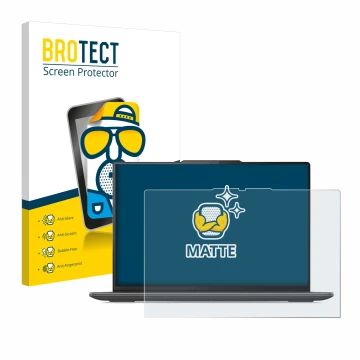 Parte frontal de un envase de producto con el logotipo de la marca BROTECT. Al lado se muestra el dispositivo Lenovo Yoga Pro 