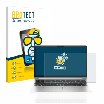 Parte frontal de un envase de producto con el logotipo de la marca BROTECT. Al lado se muestra el dispositivo HP ProBook 450 G