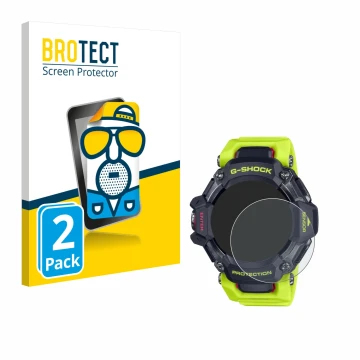 Parte frontal de un envase de producto con el logotipo de la marca BROTECT. Al lado se muestra el dispositivo Casio G-Shock GB