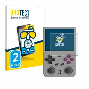 Parte frontal de un envase de producto con el logotipo de la marca BROTECT. Al lado se muestra el dispositivo Anbernic RG353V 