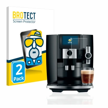 Parte frontal de un envase de producto con el logotipo de la marca BROTECT. Al lado se muestra el dispositivo Jura J8 con su p