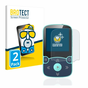 Parte frontal de un envase de producto con el logotipo de la marca BROTECT. Al lado se muestra el dispositivo AGPtek A65X MP3 
