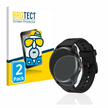 Parte frontal de un envase de producto con el logotipo de la marca BROTECT. Al lado se muestra el dispositivo Mobvoi TicWatch 