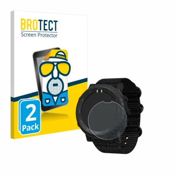 Parte frontal de un envase de producto con el logotipo de la marca BROTECT. Al lado se muestra el dispositivo Suunto Core Alph