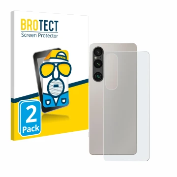 Parte frontal de un envase de producto con el logotipo de la marca BROTECT. Al lado se muestra el dispositivo Sony Xperia 1 V 