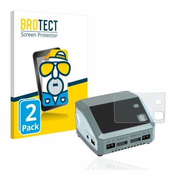 Parte frontal de un envase de producto con el logotipo de la marca BROTECT. Al lado se muestra el dispositivo SkyRc D200 neo c