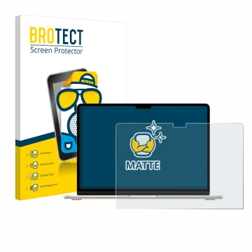 Parte frontal de un envase de producto con el logotipo de la marca BROTECT. Al lado se muestra el dispositivo Apple MacBook Ai