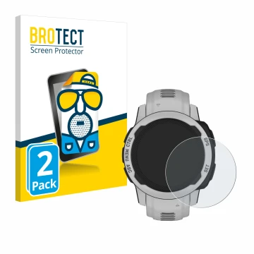 Parte frontal de un envase de producto con el logotipo de la marca BROTECT. Al lado se muestra el dispositivo Garmin Instinct 