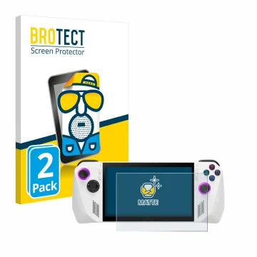 Parte frontal de un envase de producto con el logotipo de la marca BROTECT. Al lado se muestra el dispositivo ASUS ROG Ally (2