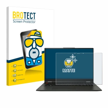 Parte frontal de un envase de producto con el logotipo de la marca BROTECT. Al lado se muestra el dispositivo ASUS Vivobook S 