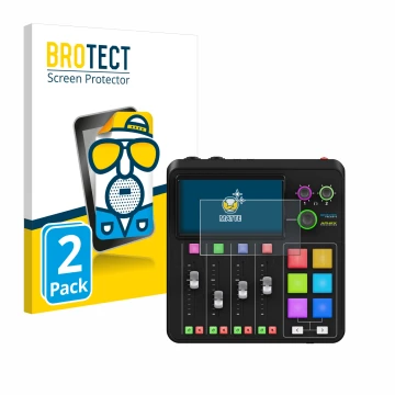 Parte frontal de un envase de producto con el logotipo de la marca BROTECT. Al lado se muestra el dispositivo Rode Rodecaster 