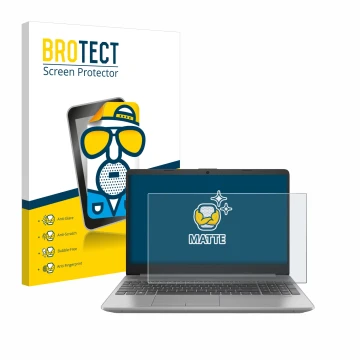 Parte frontal de un envase de producto con el logotipo de la marca BROTECT. Al lado se muestra el dispositivo HP 250 G9 con su