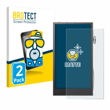Parte frontal de un envase de producto con el logotipo de la marca BROTECT. Al lado se muestra el dispositivo Astell&Kern A&fu