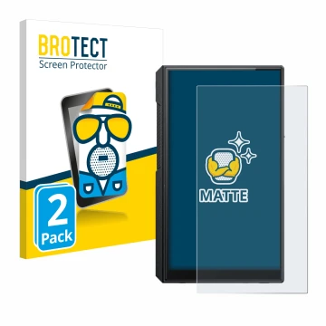 Parte frontal de un envase de producto con el logotipo de la marca BROTECT. Al lado se muestra el dispositivo FiiO M11s con su