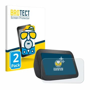 Parte frontal de un envase de producto con el logotipo de la marca BROTECT. Al lado se muestra el dispositivo Amazon Echo Show