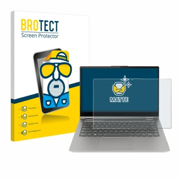 Parte frontal de un envase de producto con el logotipo de la marca BROTECT. Al lado se muestra el dispositivo Lenovo ThinkBook