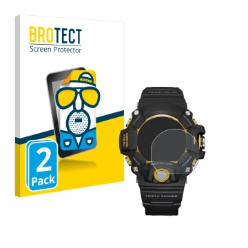 Parte frontal de un envase de producto con el logotipo de la marca BROTECT. Al lado se muestra el dispositivo Casio G-Shock GW