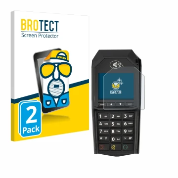 Parte frontal de un envase de producto con el logotipo de la marca BROTECT. Al lado se muestra el dispositivo ingenico Lane/30
