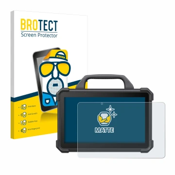 Parte frontal de un envase de producto con el logotipo de la marca BROTECT. Al lado se muestra el dispositivo Launch X-431 Tab