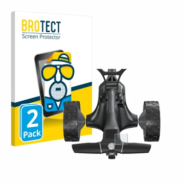 Parte frontal de un envase de producto con el logotipo de la marca BROTECT. Al lado se muestra el dispositivo Motocaddy M7 GPS