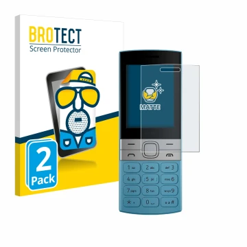 Parte frontal de un envase de producto con el logotipo de la marca BROTECT. Al lado se muestra el dispositivo Nokia 150 (2023)