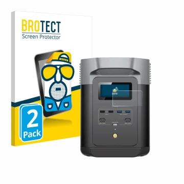 Parte frontal de un envase de producto con el logotipo de la marca BROTECT. Al lado se muestra el dispositivo EcoFlow DELTA 2 