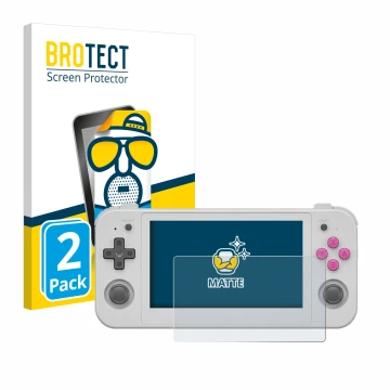 Parte frontal de un envase de producto con el logotipo de la marca BROTECT. Al lado se muestra el dispositivo Anbernic RG505 c