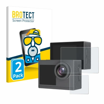 Parte frontal de un envase de producto con el logotipo de la marca BROTECT. Al lado se muestra el dispositivo Akaso Brave 4 Pr