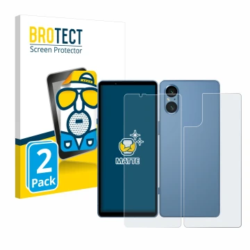 Parte frontal de un envase de producto con el logotipo de la marca BROTECT. Al lado se muestra el dispositivo Sony Xperia 5 V 