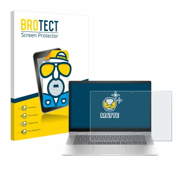 Parte frontal de un envase de producto con el logotipo de la marca BROTECT. Al lado se muestra el dispositivo HP Envy x360 2-i