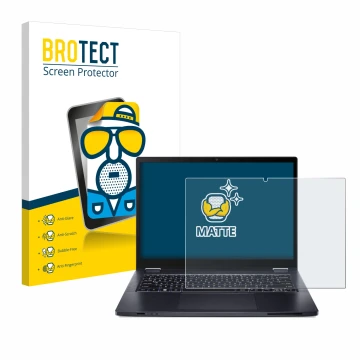 Parte frontal de un envase de producto con el logotipo de la marca BROTECT. Al lado se muestra el dispositivo Acer TravelMate 