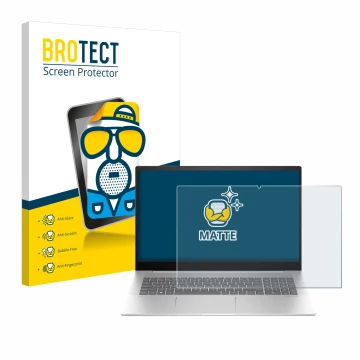 Parte frontal de un envase de producto con el logotipo de la marca BROTECT. Al lado se muestra el dispositivo HP Envy 17-cw000
