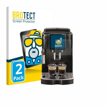 Parte frontal de un envase de producto con el logotipo de la marca BROTECT. Al lado se muestra el dispositivo DeLonghi Magnifi