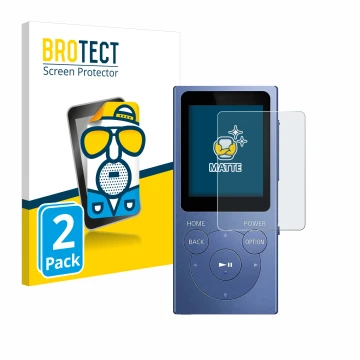 Parte frontal de un envase de producto con el logotipo de la marca BROTECT. Al lado se muestra el dispositivo Sony Walkman NW-