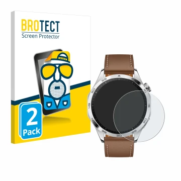 Parte frontal de un envase de producto con el logotipo de la marca BROTECT. Al lado se muestra el dispositivo Huawei Watch GT 