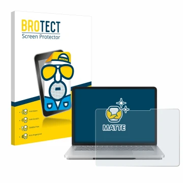 Parte frontal de un envase de producto con el logotipo de la marca BROTECT. Al lado se muestra el dispositivo Microsoft Surfac