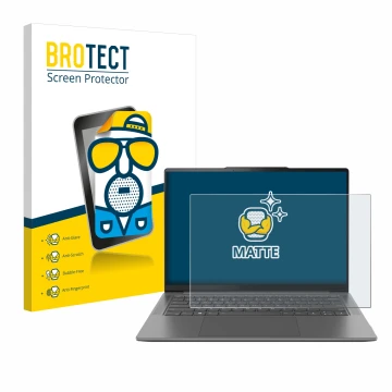 Parte frontal de un envase de producto con el logotipo de la marca BROTECT. Al lado se muestra el dispositivo Lenovo Yoga Pro 