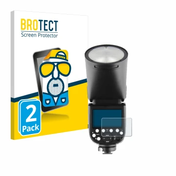 Parte frontal de un envase de producto con el logotipo de la marca BROTECT. Al lado se muestra el dispositivo Godox V1 con su 