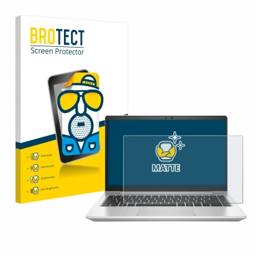 Parte frontal de un envase de producto con el logotipo de la marca BROTECT. Al lado se muestra el dispositivo HP EliteBook 645