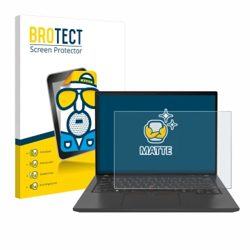 Parte frontal de un envase de producto con el logotipo de la marca BROTECT. Al lado se muestra el dispositivo Lenovo ThinkPad 