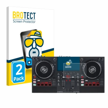 Parte frontal de un envase de producto con el logotipo de la marca BROTECT. Al lado se muestra el dispositivo Numark Mixstream