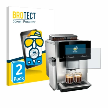 Parte frontal de un envase de producto con el logotipo de la marca BROTECT. Al lado se muestra el dispositivo Siemens EQ900 TQ