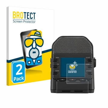 Parte frontal de un envase de producto con el logotipo de la marca BROTECT. Al lado se muestra el dispositivo Zoom Q2n-4K con 