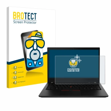 Parte frontal de un envase de producto con el logotipo de la marca BROTECT. Al lado se muestra el dispositivo Lenovo ThinkPad 